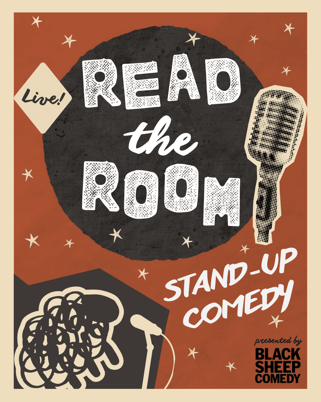 Show poster for Black Sheep Comedy's stand-up night titled "Read the Room"