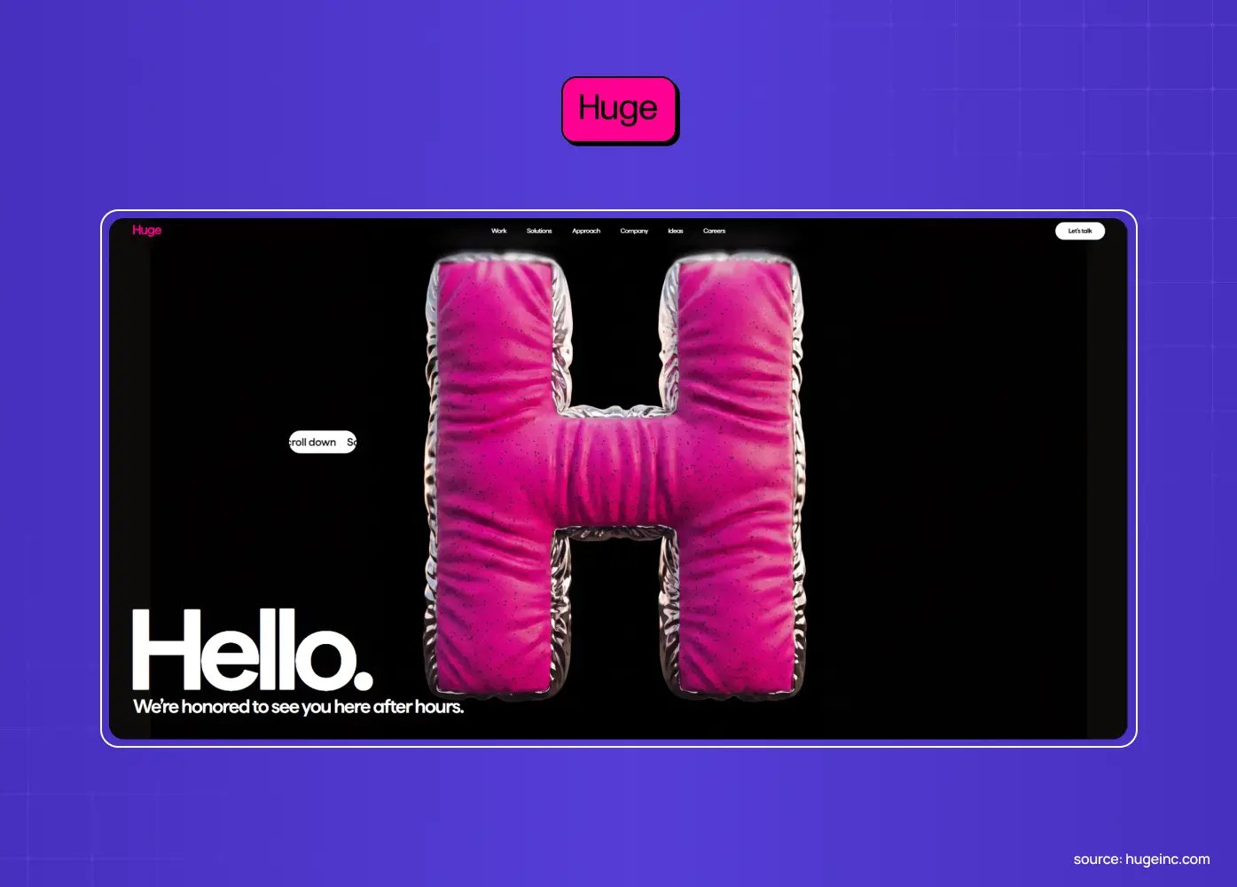 Huge creative agency website featuring a large glossy pink letter H against a black background with the headline “Hello.”