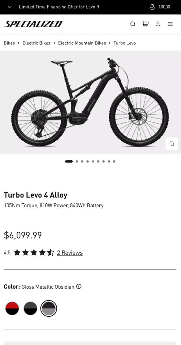 Mobile product detail page for Roval wheelset with colour options