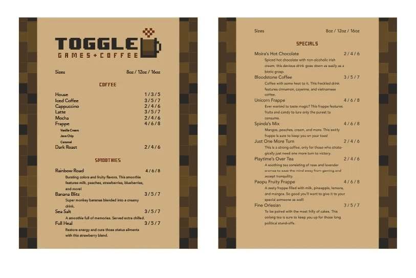 Image from Toggle's identity handbook showcasing menu design examples.