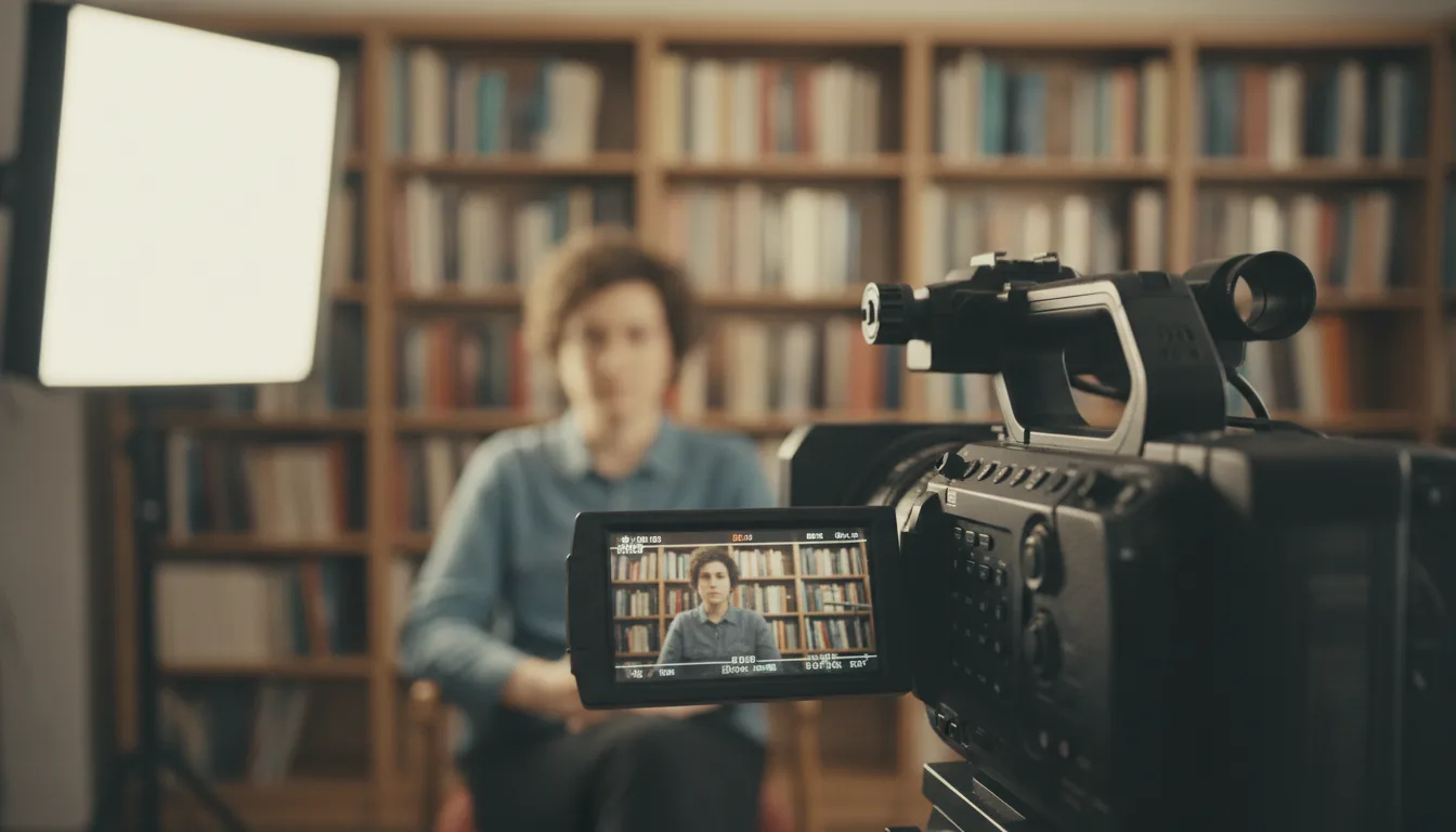 DSLR photography from an over-the-shoulder perspective, looking past a professional video camera that is filming an interview. The black camera body, its controls, and attached monitor are in sharp focus. In the background, a person sitting in front of a wall of bookshelves is heavily blurred, creating a beautiful bokeh effect. A large, out-of-focus studio softbox light illuminates the scene from the left. Cinematic contrast and warm, soft studio lighting with a desaturated filmic color grade.