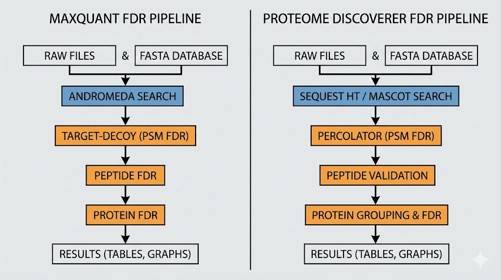MaxQuant and Proteome Discoverer FDR estimation workflow comparison