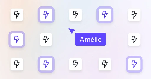 A grid of squares, all with lightning bolt logos. There's a purple user cursor with the name 'Amélie' and some of the squares are highlighted purple to show that the user can see them