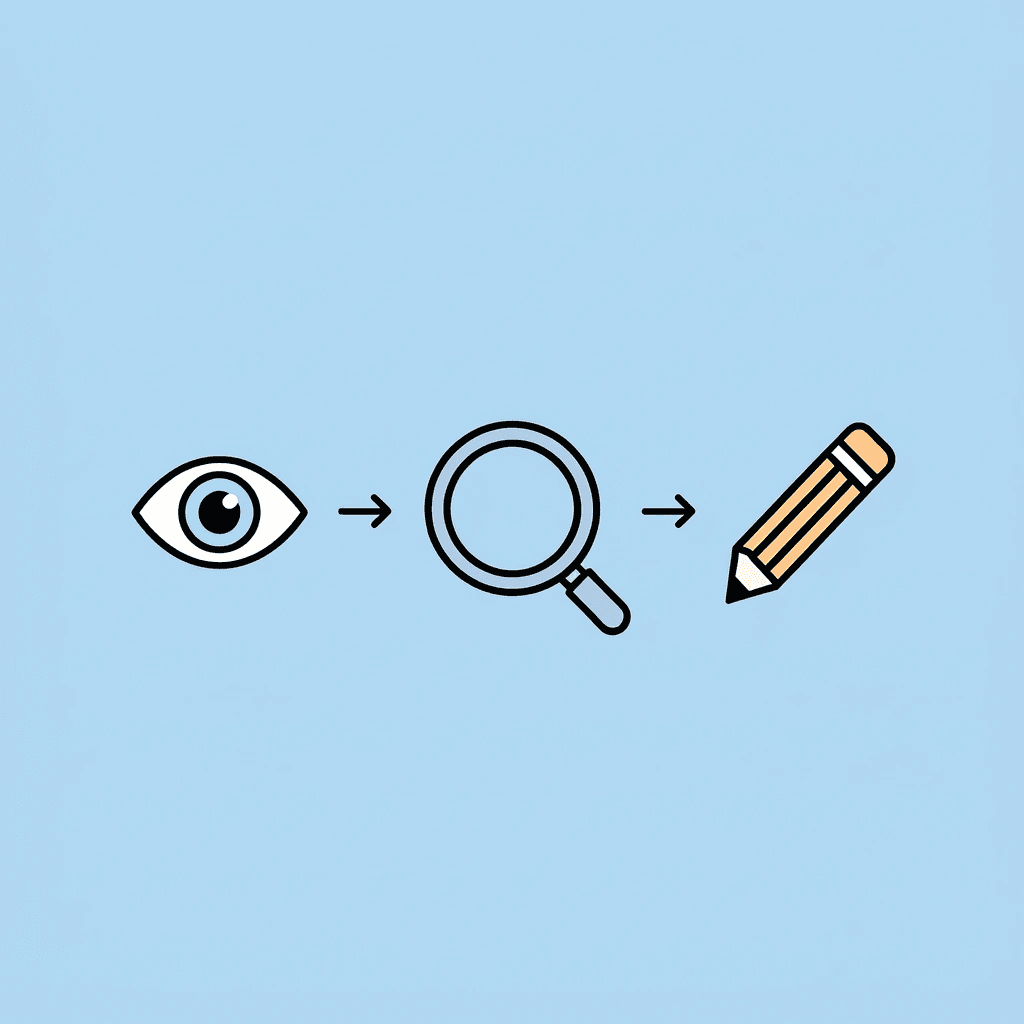 Three-step process showing child looking in a mirror, observing facial features, and drawing a self-portrait