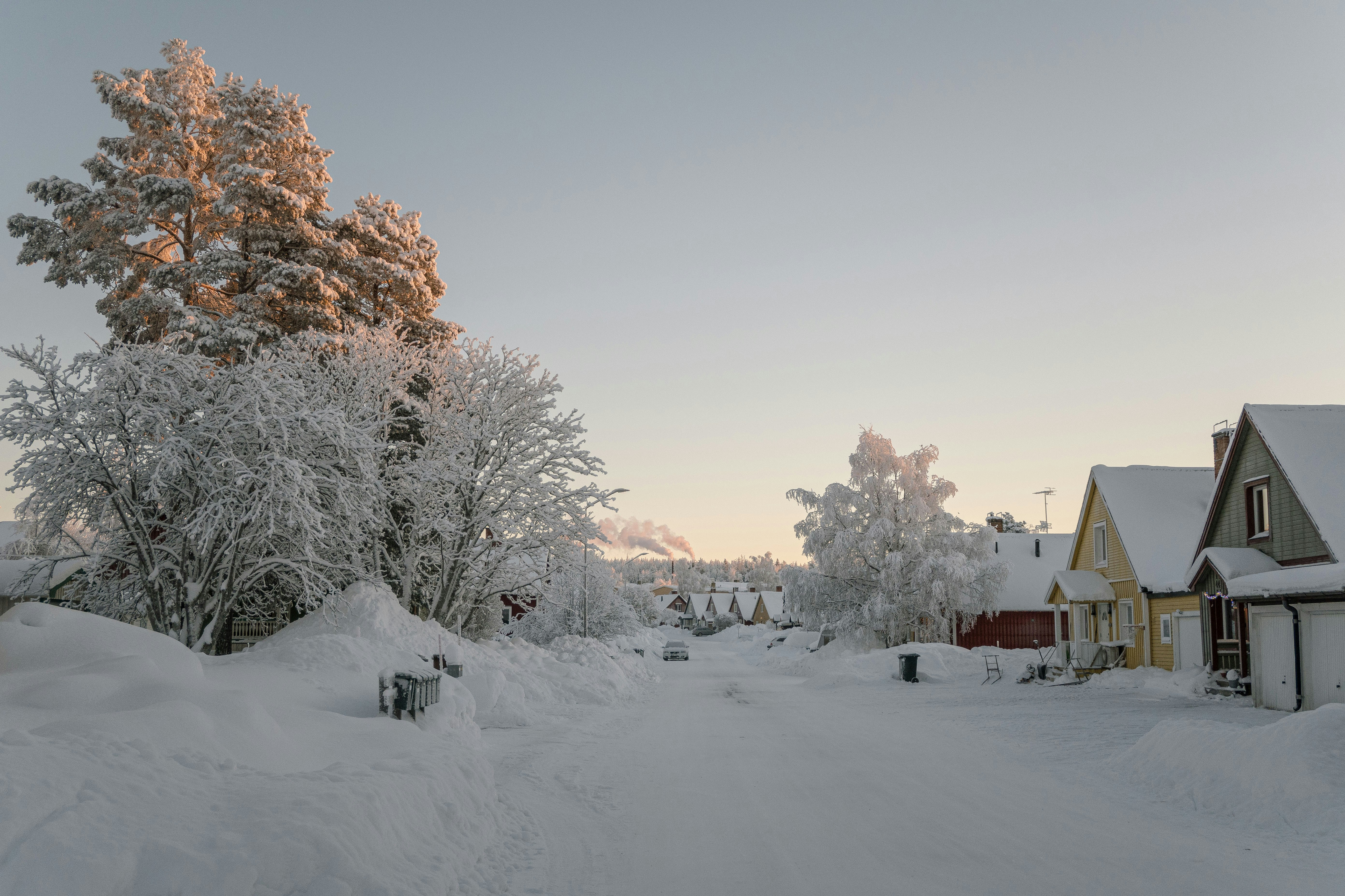 a snow covered street with houses and trees