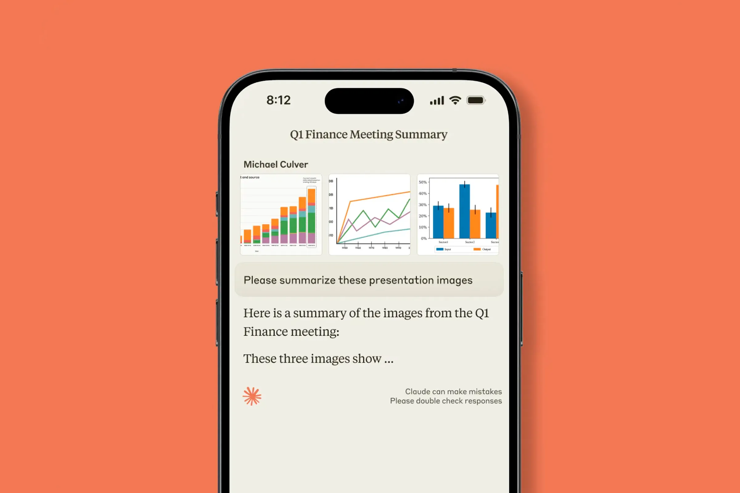 Claude on mobile summarizing three presentation charts from a Q1 finance meeting