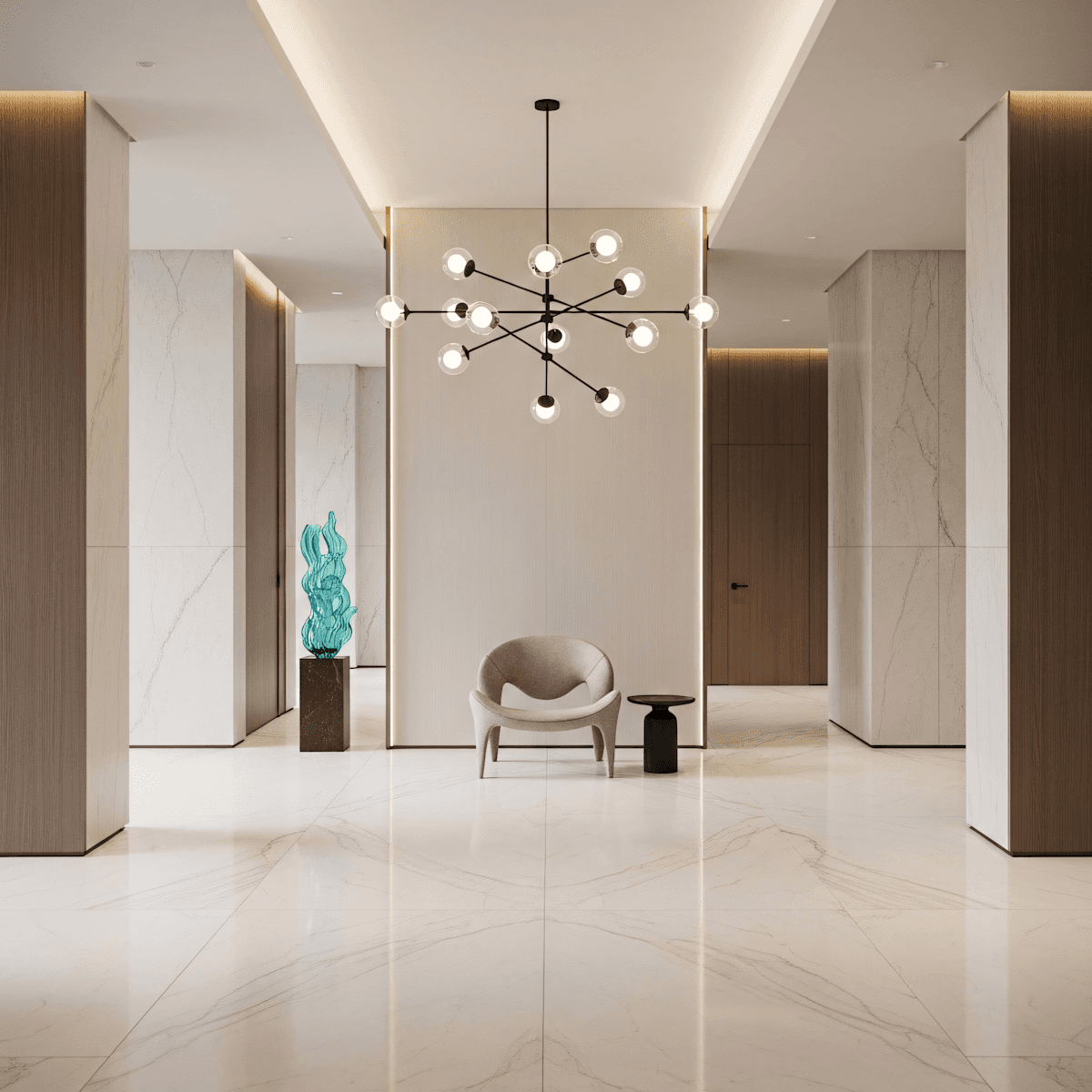 Modern interior with marble floors, a sculptural chair, a gold chandelier, and a turquoise glass sculpture for a sleek, stylish look