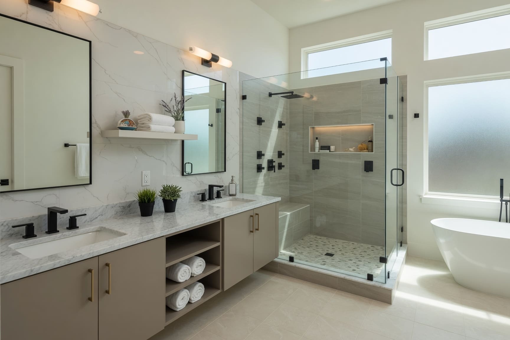 Bathroom with walk-in glass shower and black frame mirrors