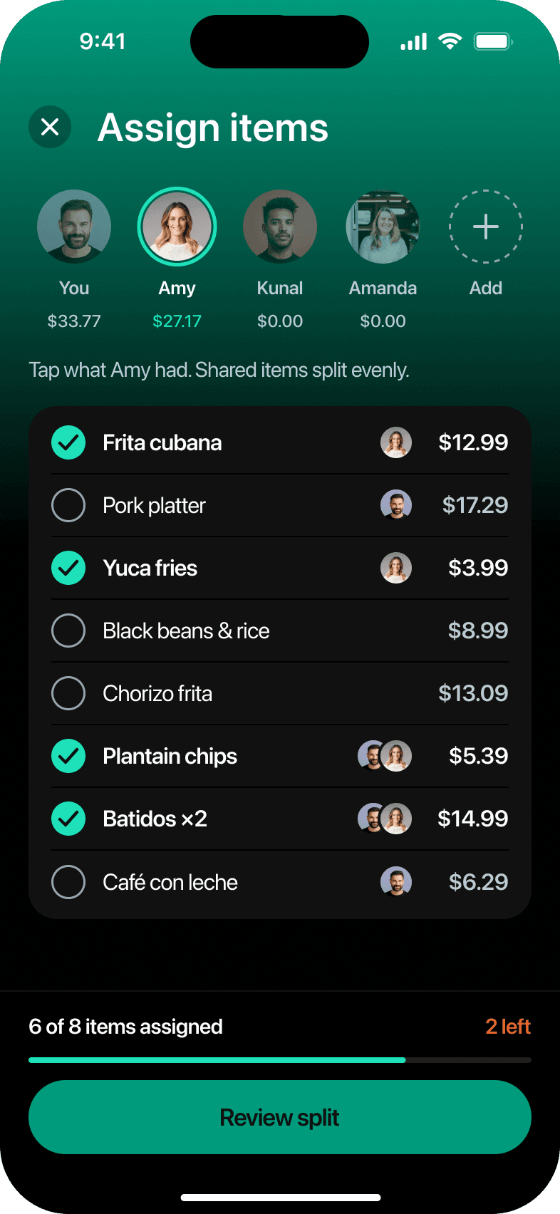 Assign items, Amy selected, 9 taps in