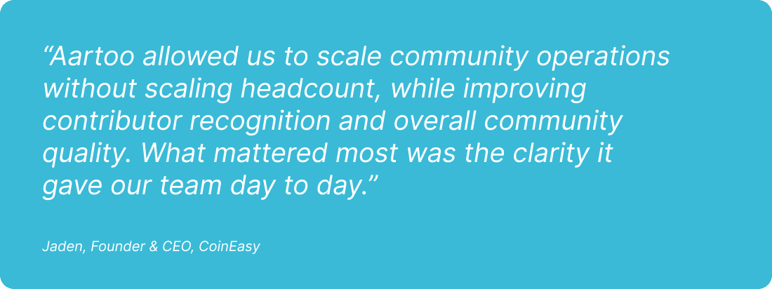 “Aartoo allowed us to scale community operations without scaling headcount, while improving contributor recognition and overall community quality. What mattered most was the clarity it gave our team day to day.”  — Jaden, Founder & CEO, CoinEasy