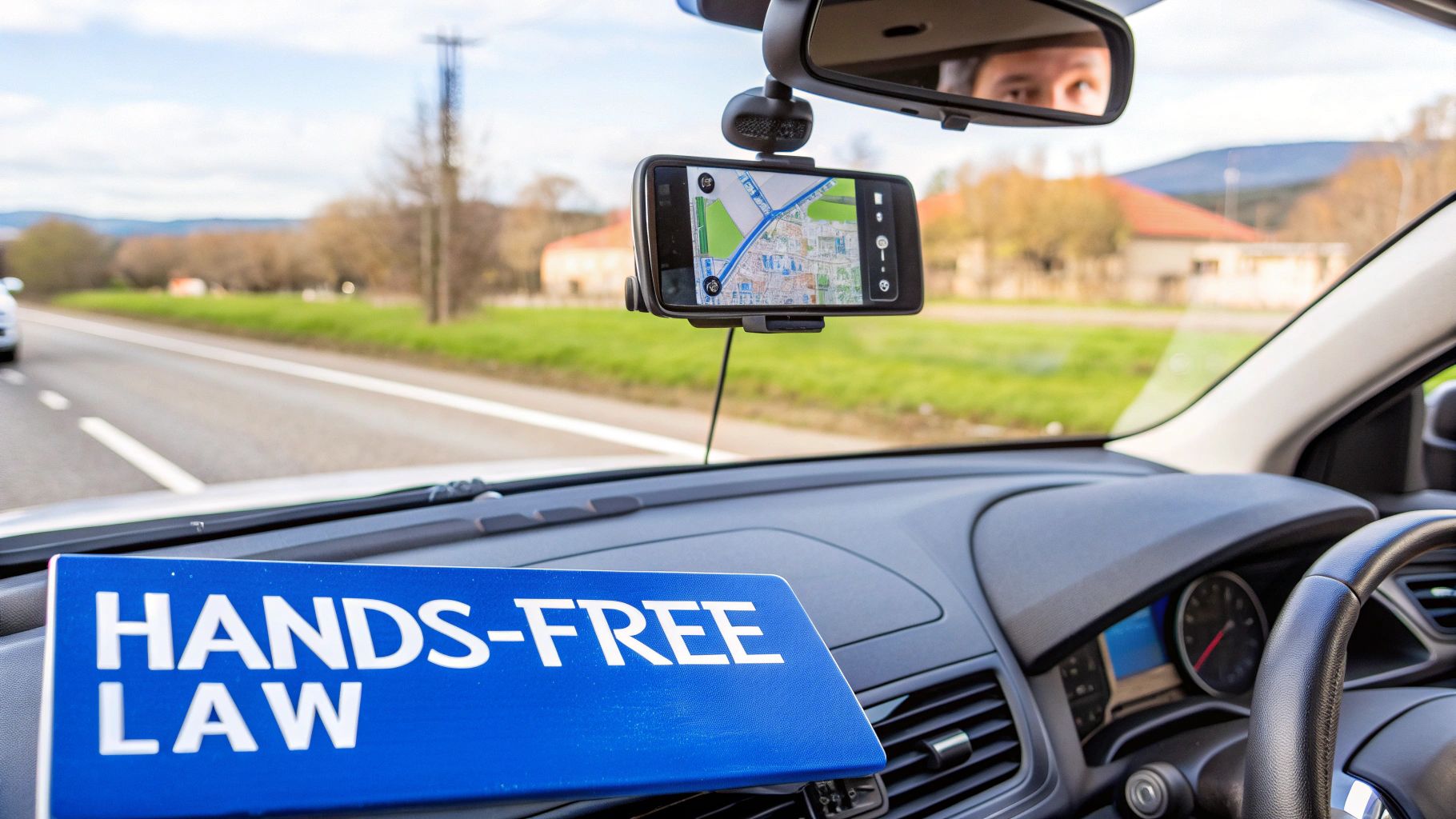 A 'HANDS-FREE LAW' sign is on a car dashboard with a phone showing a map, emphasizing safe driving.