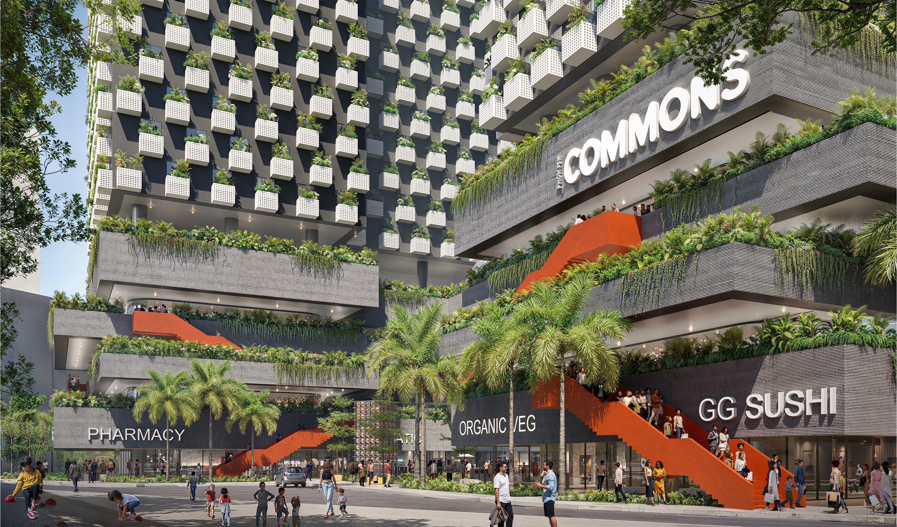 Exterior rendering of a modern mixed-use tower in Cambodia featuring biophilic design, cantilevered retail levels with lush greenery, bright orange architectural staircases, and street-level commercial spaces.