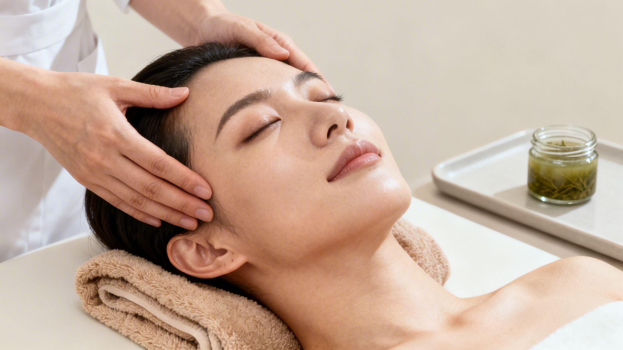 A woman with closed eyes enjoys a tranquil spa head massage, with natural product visible.