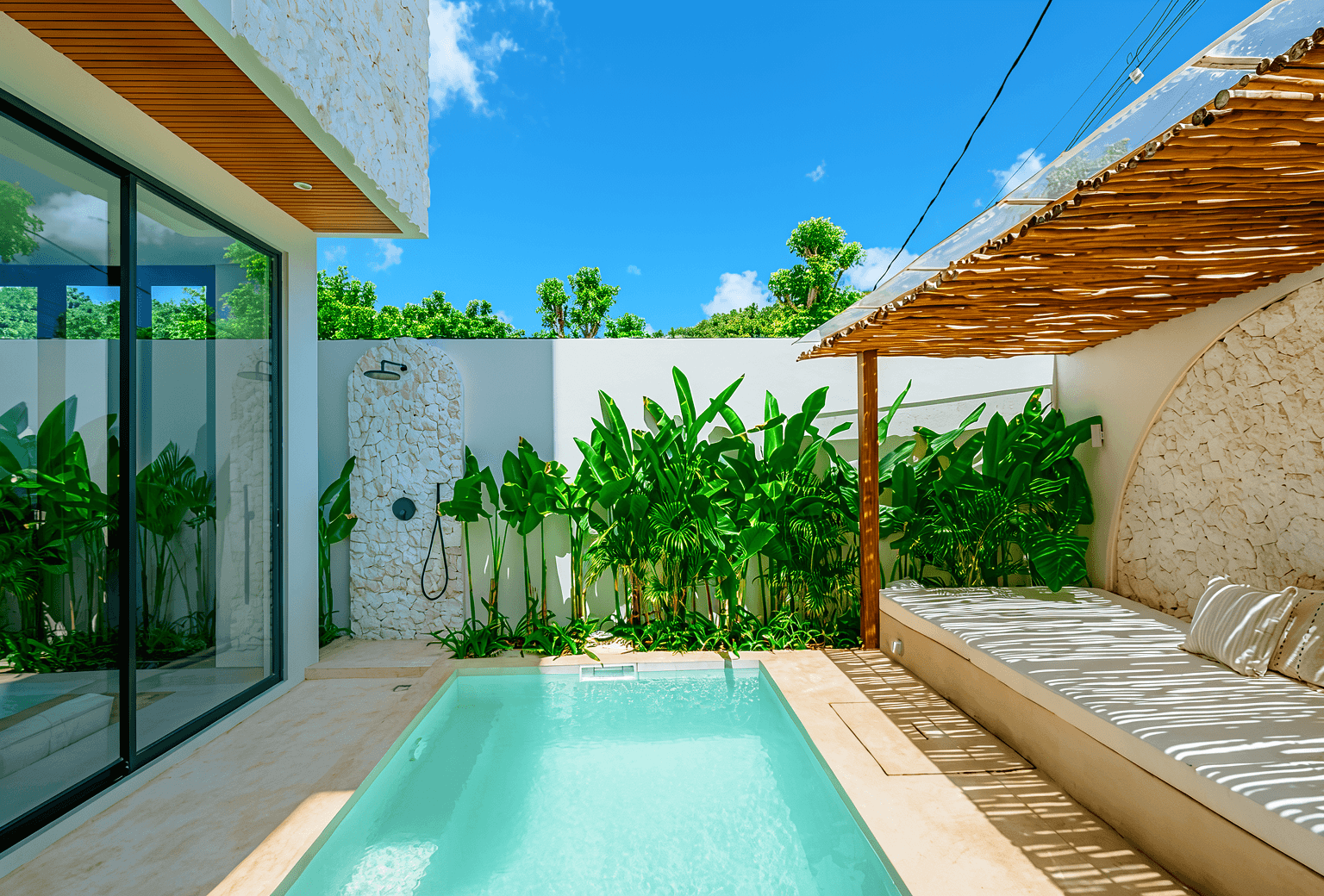 Comfortable outdoor lounge and pool area in Uluwatu, showcased by a dedicated Bali property agent.