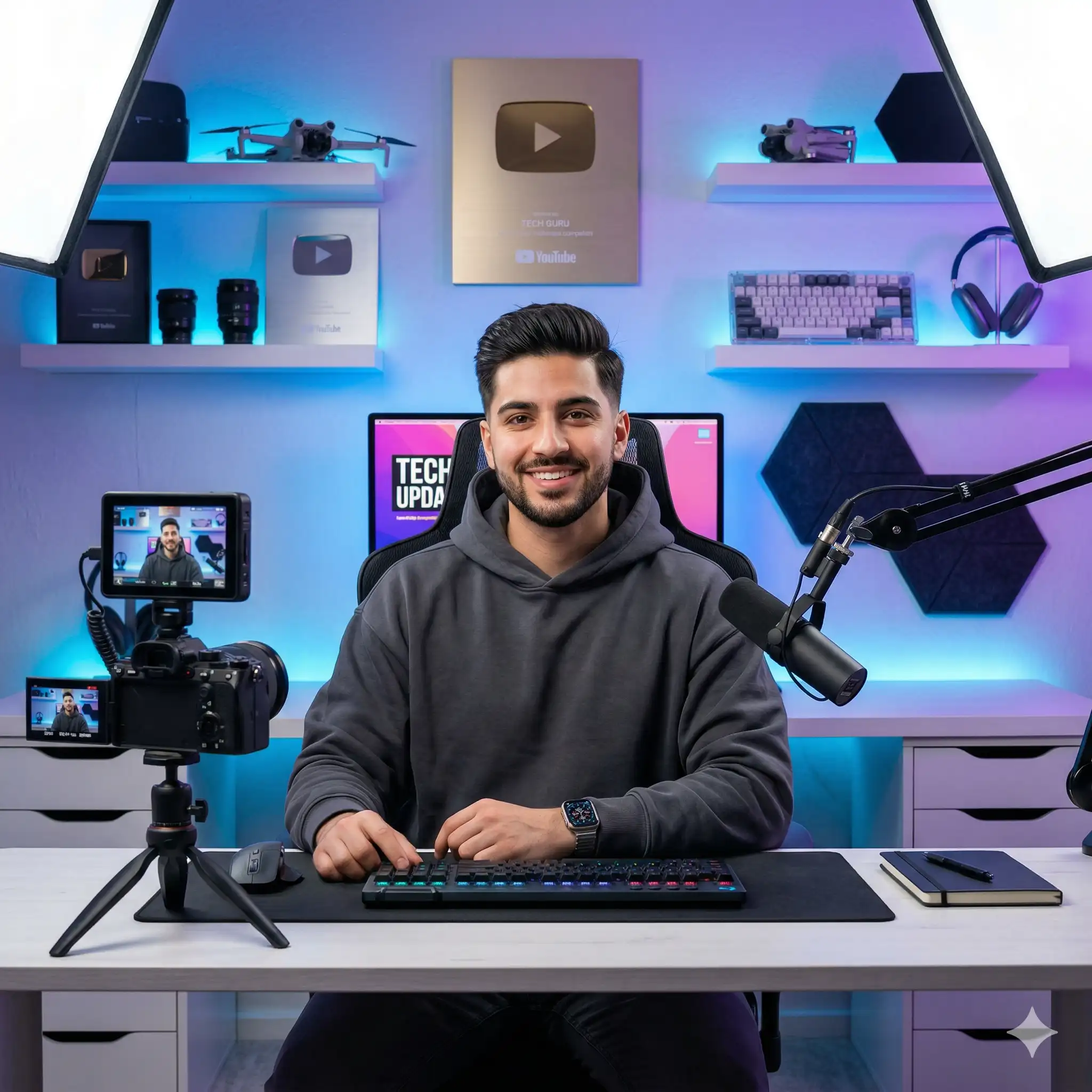 AI-generated portrait of a smiling man in a grey hoodie sitting at a desk in a modern tech studio equipped with a professional camera, microphone, and neon background lighting. Designed for the AI marketing portfolio of Mahendra R.