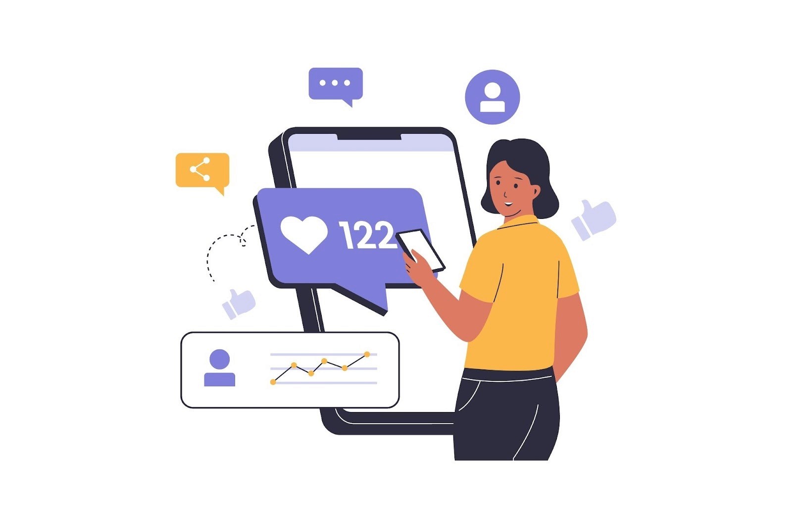 Illustration of a woman using a smartphone next to a large screen showing social media likes and a performance graph