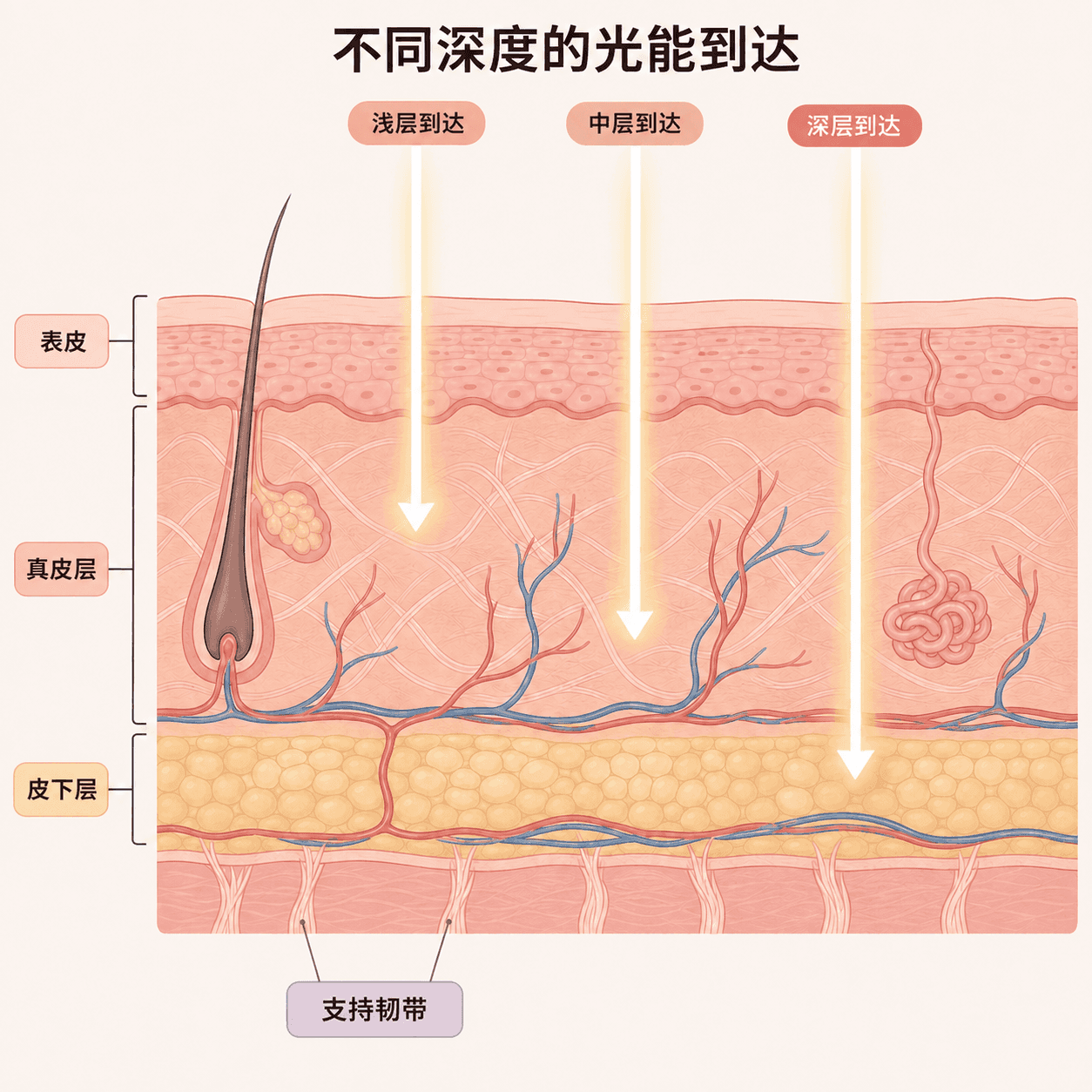 三种波长把热量传递到真皮和支持韧带的位置