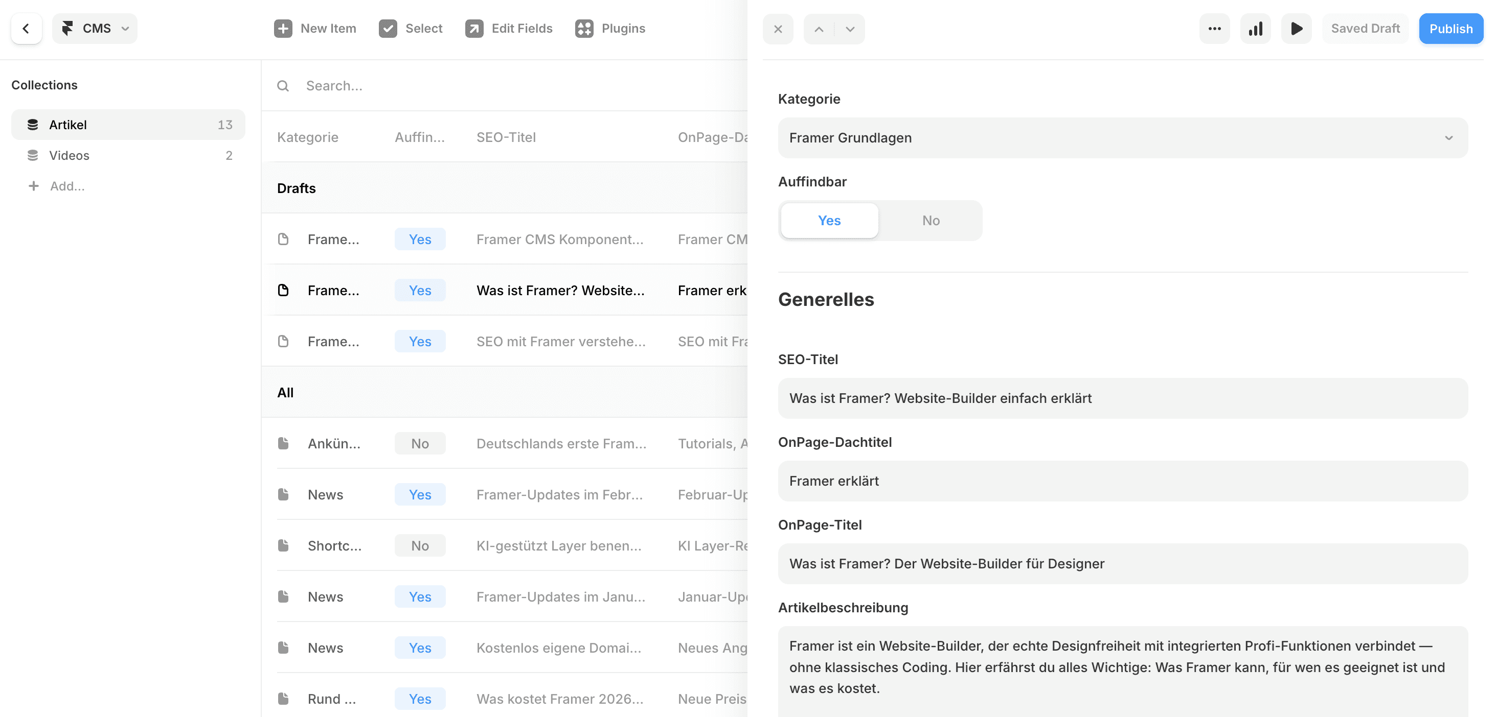 Screenshot des CMS-Interfaces in Framer