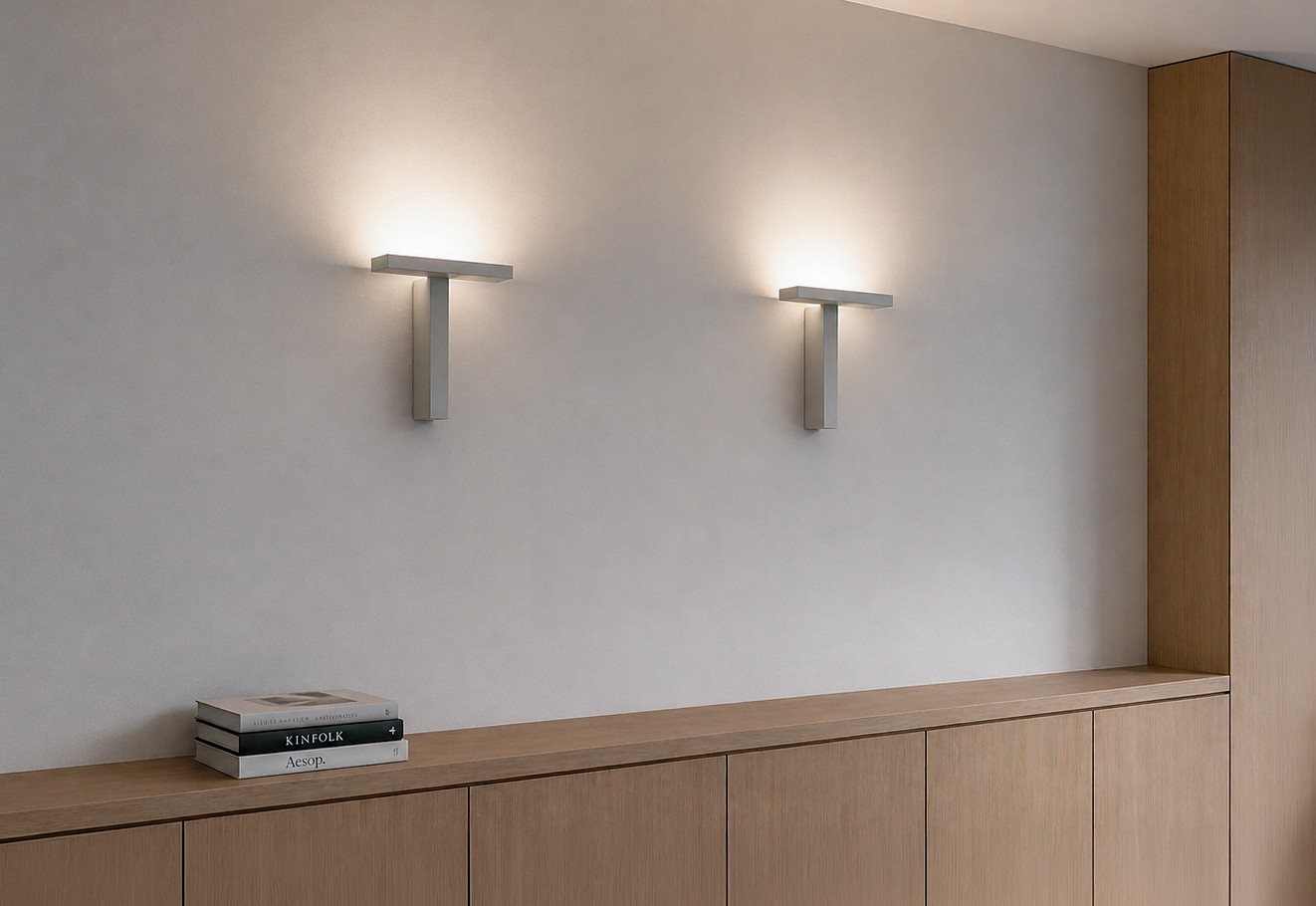 Two Offset wall-mounted LED luminaires on an office wall