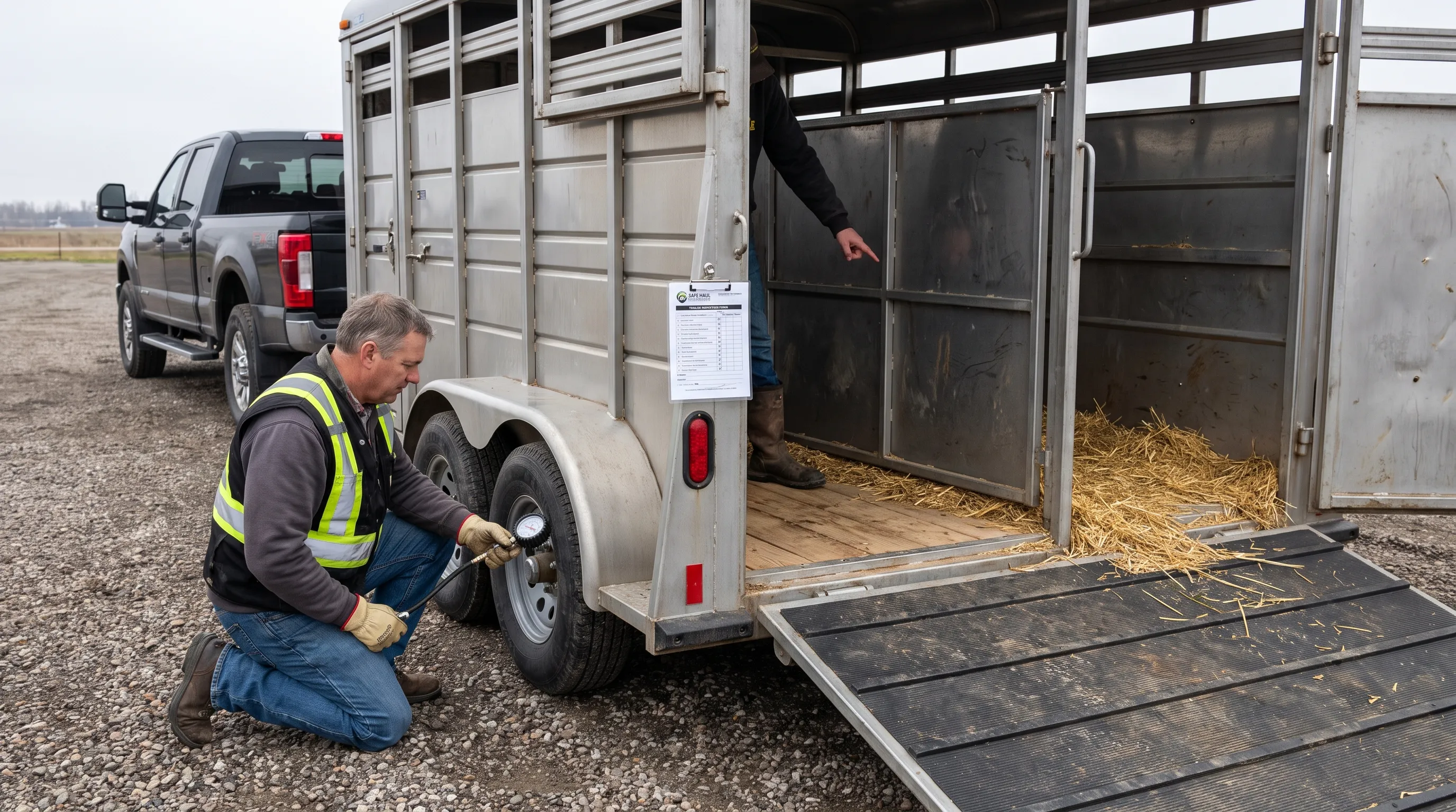 A hauler examines a livestock trailer’s wheel beside the tow vehicle, while the open rear reveals inspected flooring, secure partitions and fresh bedding.