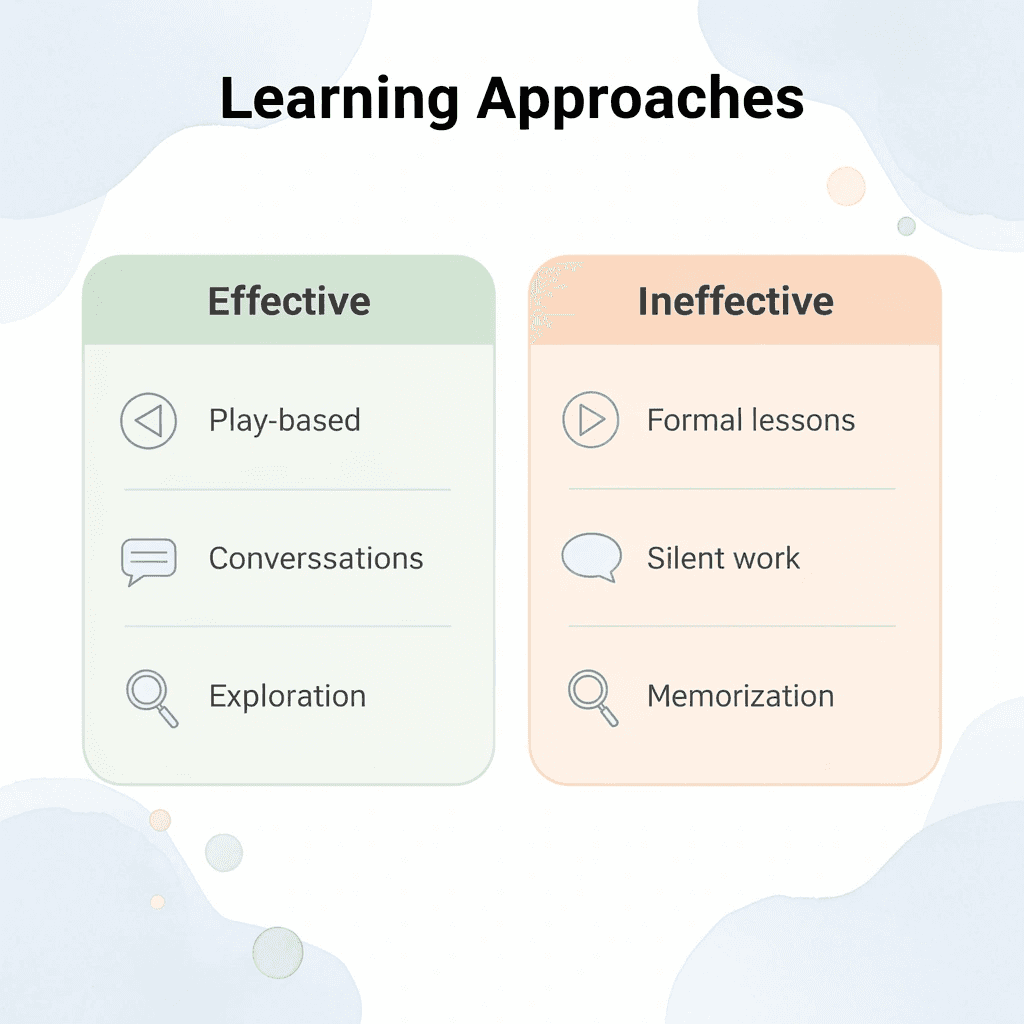 Comparison chart showing effective versus ineffective preschool learning approaches - Homeschool Preschool 