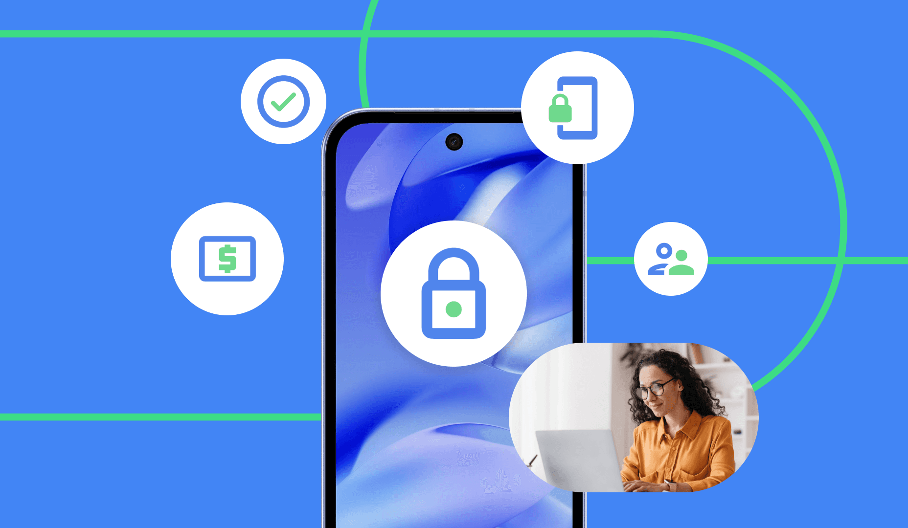 Smartphone with security and payment icons, alongside a woman using a laptop. Highlights Google’s support for SMB adoption.