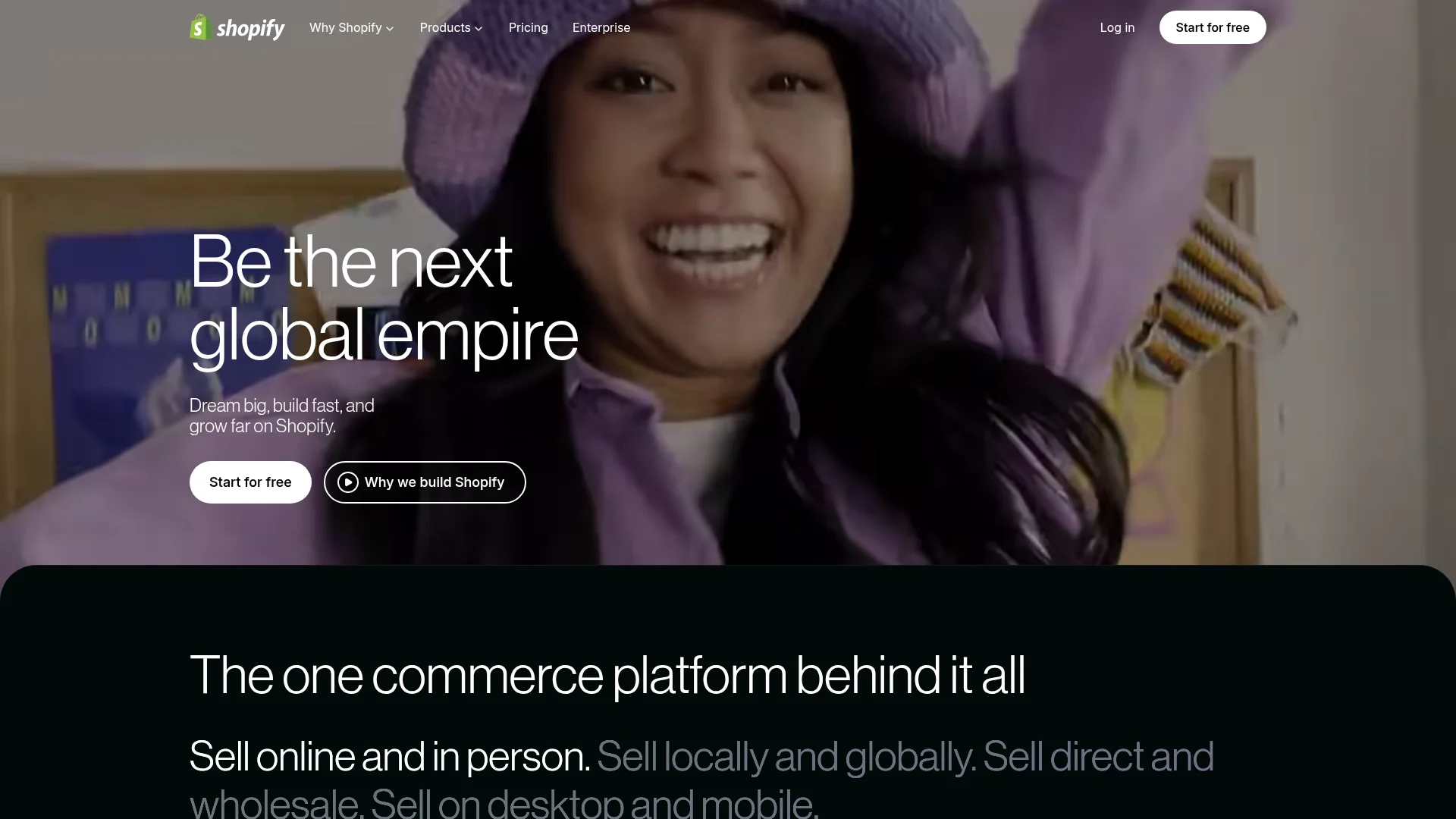 Shopify homepage for building an e-commerce store