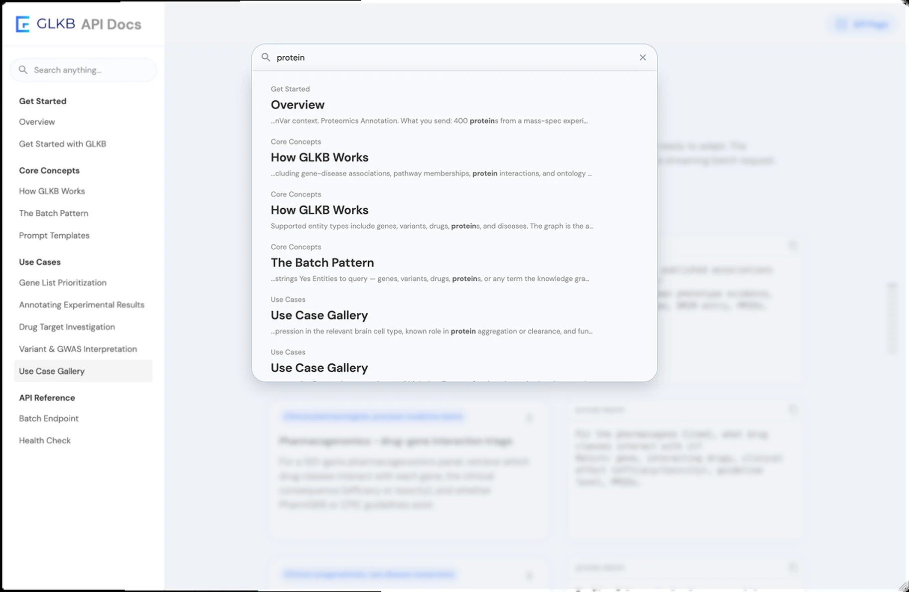 The documentation site with the search overlay open over a dimmed page. The sidebar behind it lists all 12 pages in their four groups. The query is protein, and every result is three lines: the group the page sits in, the page’s own title, and the sentence the term was found in with the term set in bold.