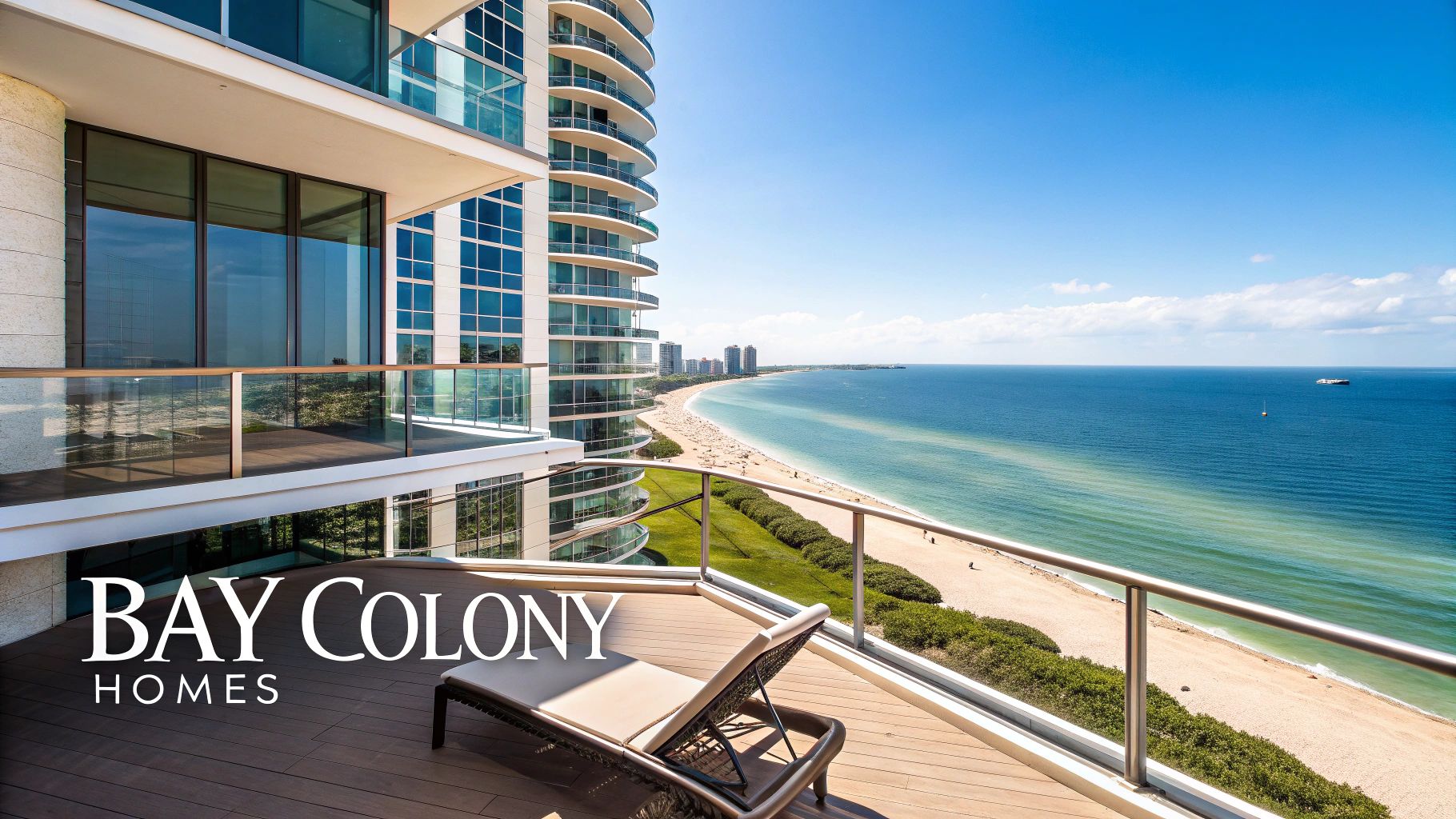 Stunning ocean and beach view from a modern high-rise balcony with a lounge chair.