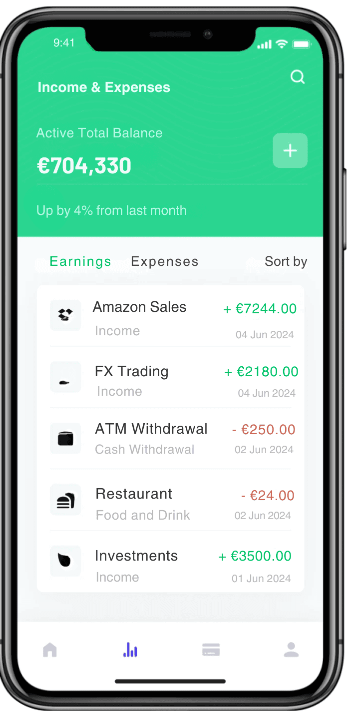 Mobile app interface showing income and expenses with a total balance of £704,330, highlighting transactions such as Amazon sales, FX trading, ATM withdrawals, and restaurant expenses, representing UK Company Formations' streamlined financial management for new businesses.