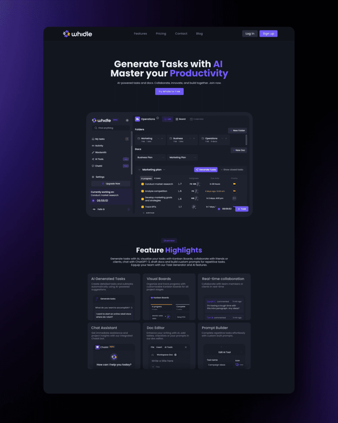 The Whidle SaaS platform screenshot features a cutting-edge user interface utilizing a dark theme that highlights the software’s advanced functionalities. The central focus is on the dashboard that effectively organizes tasks using AI, visual boards, and real-time collaboration tools, depicted through various widgets and menus with neon accents on a dark background. There are detailed segments showing a chat assistant, doc editor, and prompt builder, each with a mini-description that speaks to efficiency and automation. This visual representation not only illustrates Whidle's capabilities but also demonstrates how CanvasHug creates web applications that are not only functionally rich but also aesthetically pleasing and intuitive, significantly enhancing user experience for non-tech-savvy audiences.