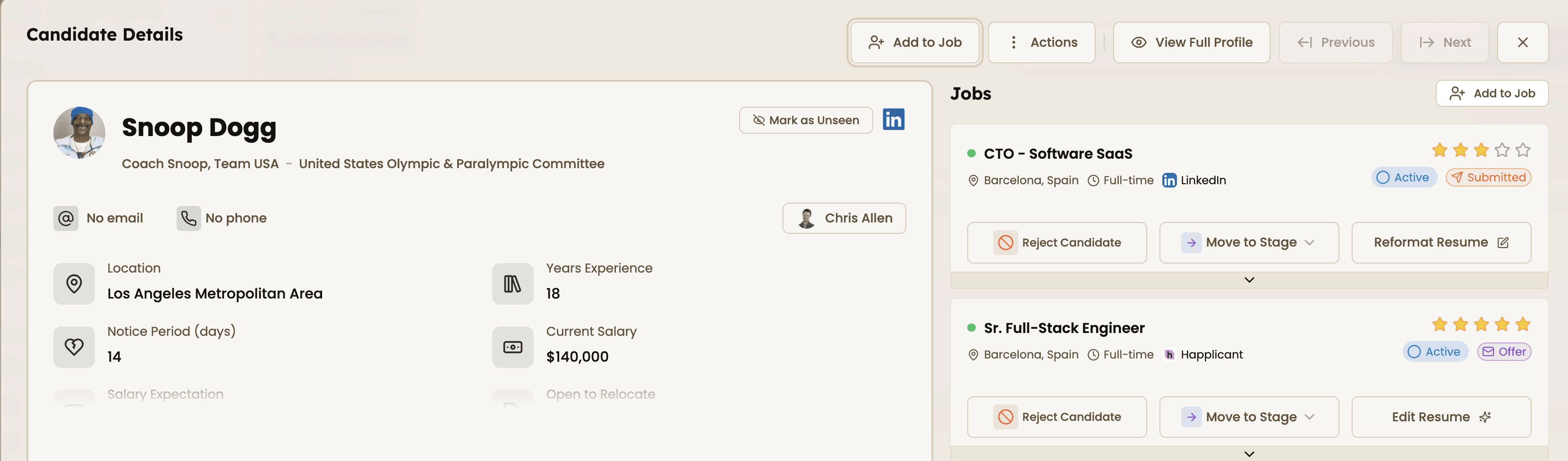 Candidate profile with ratings