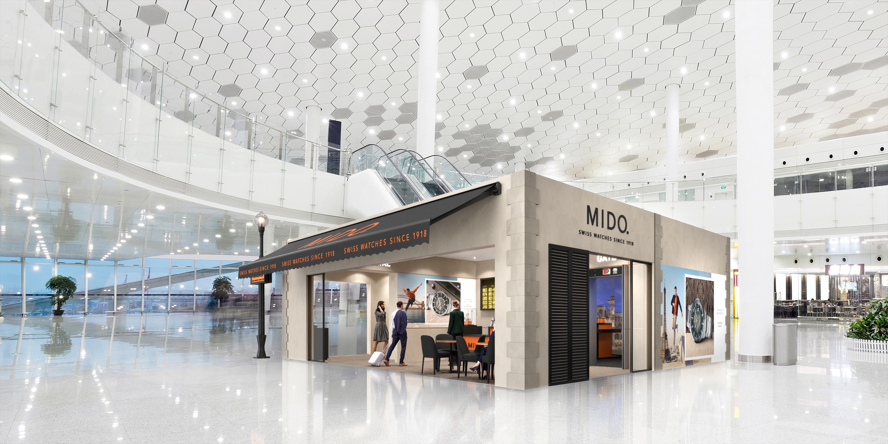 Exterior angle view of MIDO watches Pop up design and exhibition retail concept for Switzerland market