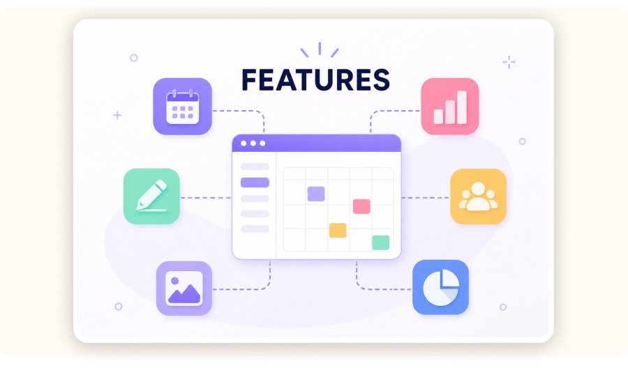 Minimal “Features” illustration with icons connected to a central dashboard