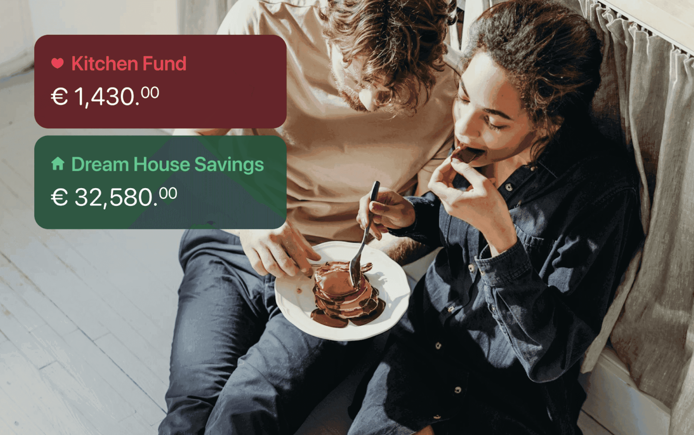 Twee mensen delen een maaltijd, met tekst die de prijzen voor verschillende menu-items aangeeft.