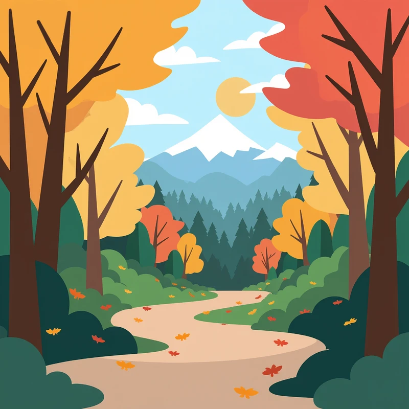 A illustration of trees lining a road to a snowcapped mountain.