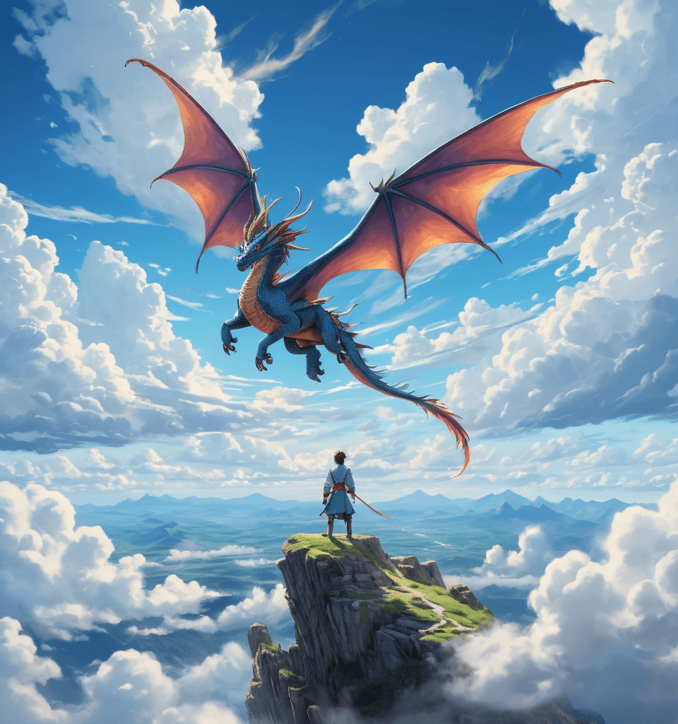 Dragon with a man on a cliff