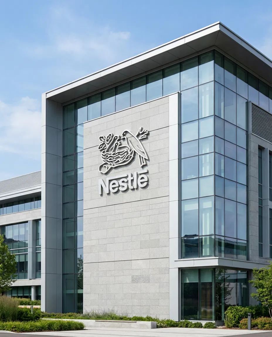 Exterior of a Nestlé building featuring the Nestlé company logo