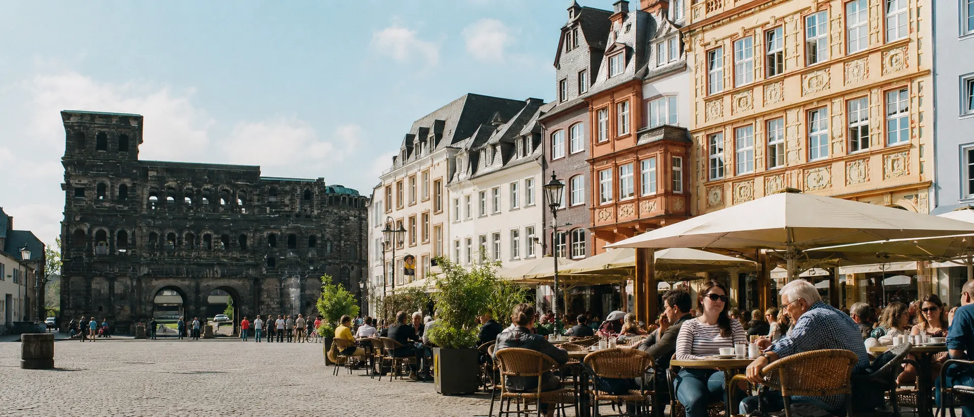 Trierer Hauptmarkt mit Steipe, Straßencafé und Porta Nigra in der Nähe