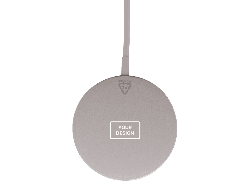 Sleek aluminium wireless charger with company logo for tech corporate gifts