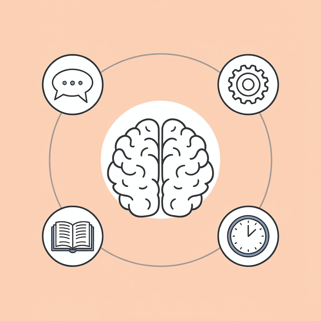 Network diagram showing an AI chatbot at the center connected to machine learning, natural language processing, text, and voice interaction