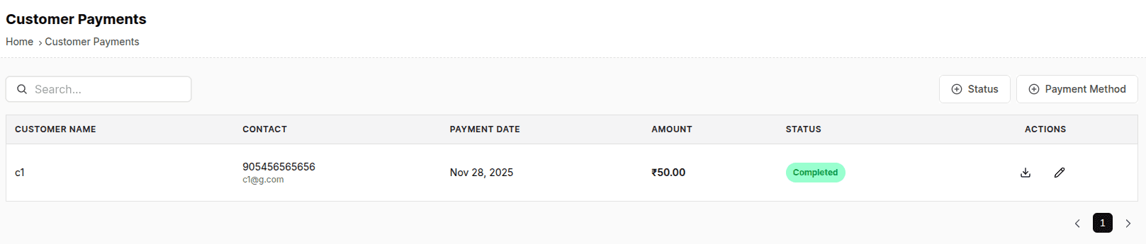 Transactions page with the customer payments table showing contact, payment date, amount, status and actions
