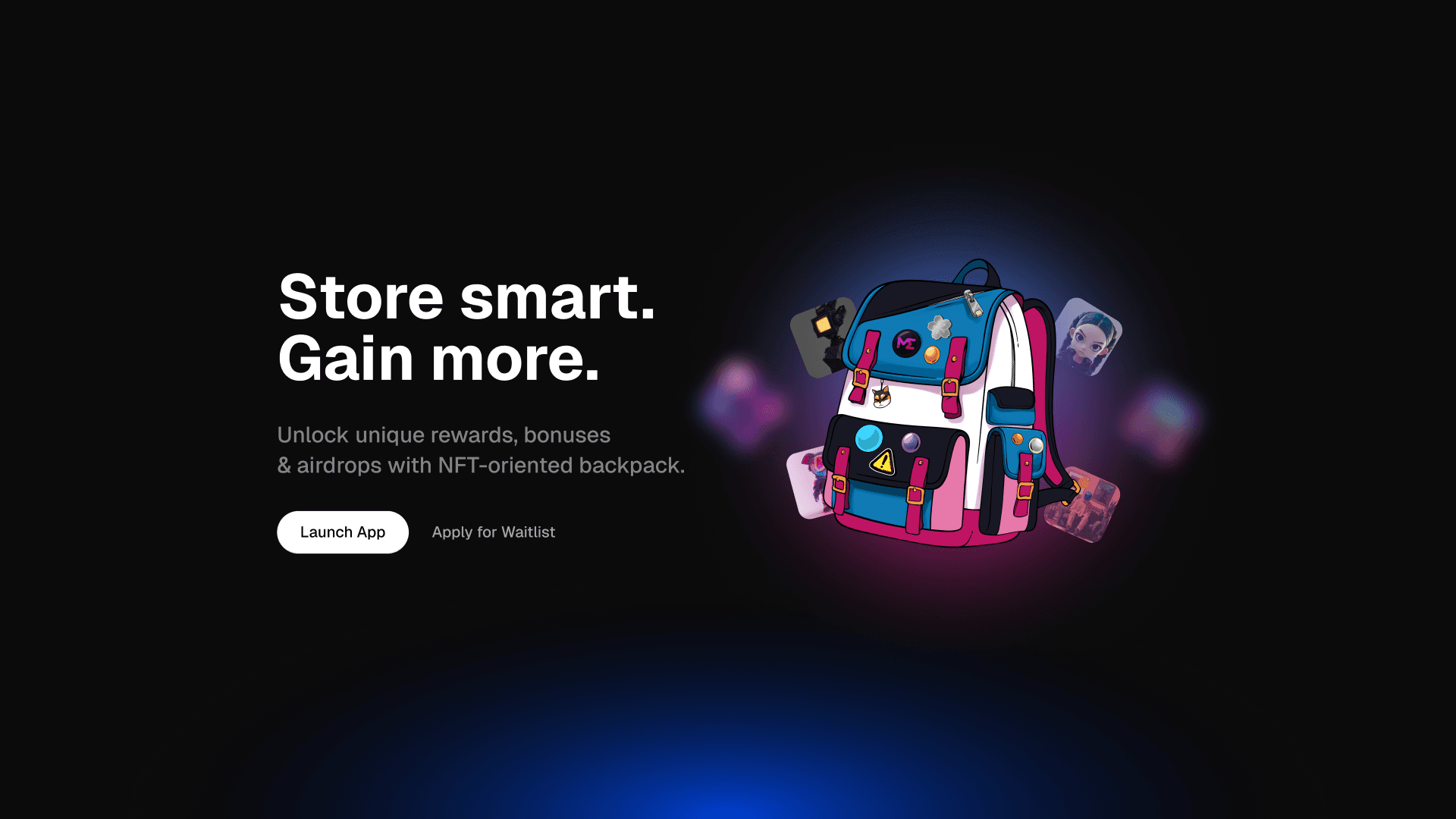 Homepage of an NFT/DeFi platform with hero section, key benefits and CTA to connect a wallet.