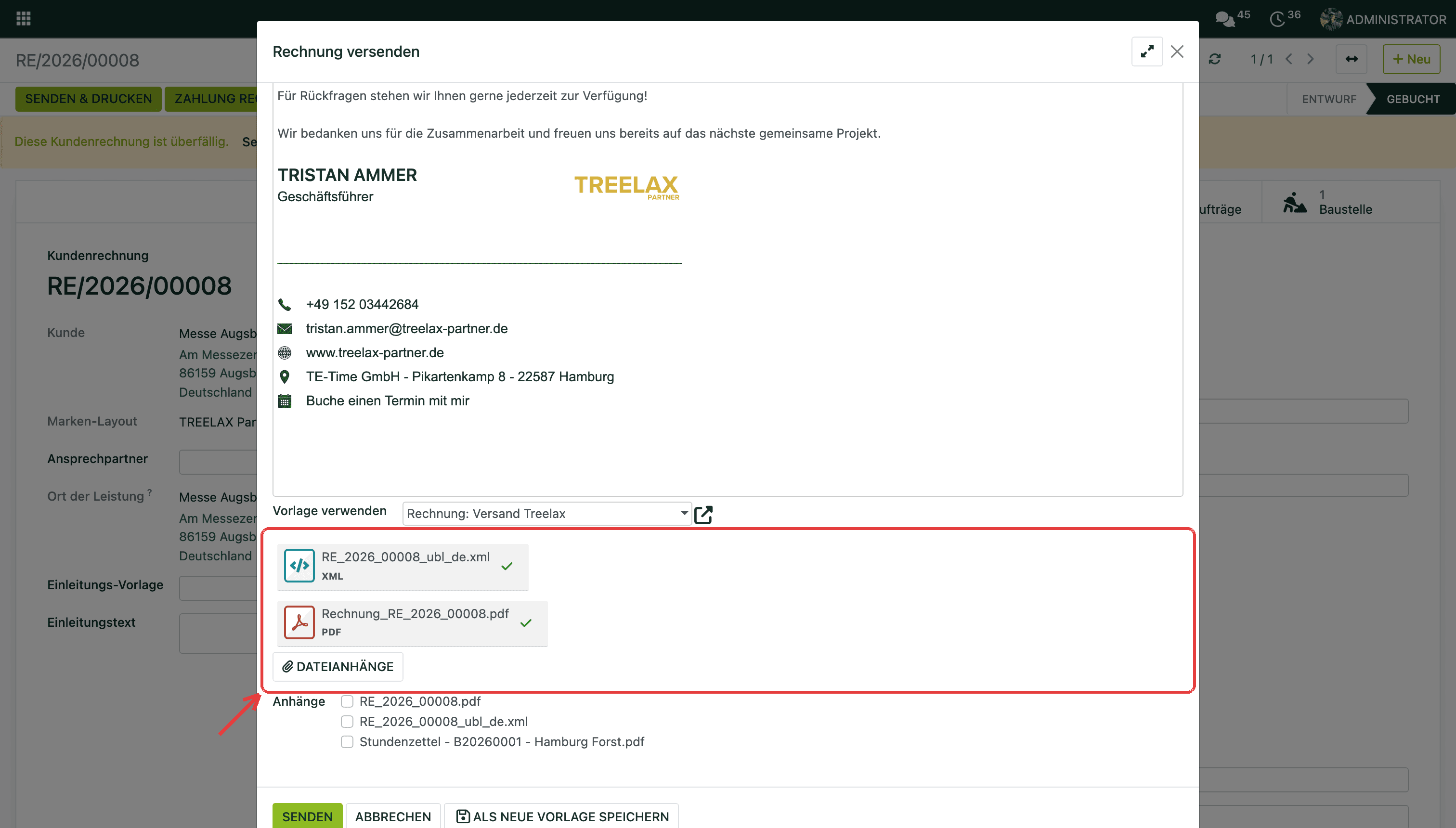 Beim Versand hängen XRechnung (XML) und PDF automatisch an der E-Mail.