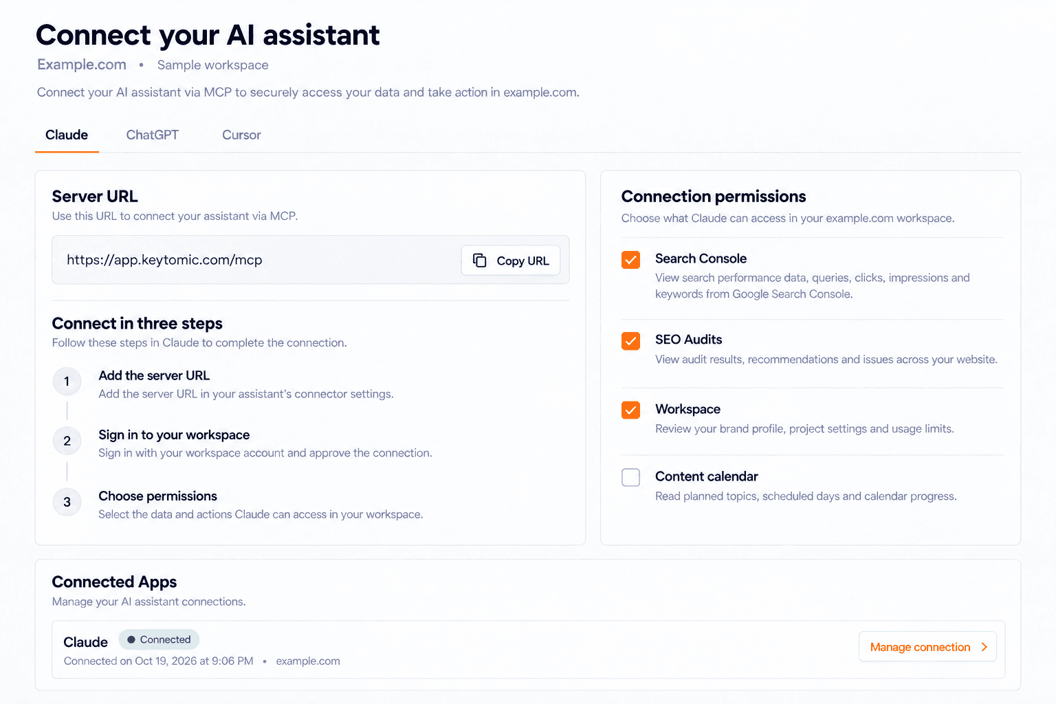 Sample Connect Keytomic to your AI assistant UI