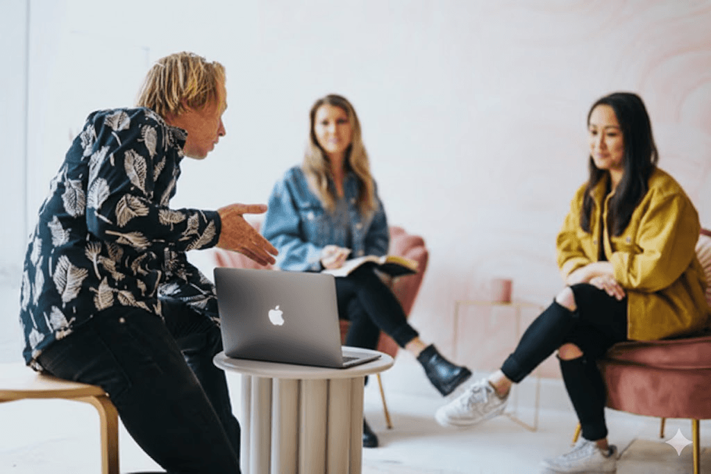 Trzy osoby w rozmowie przy laptopie. Mężczyzna w koszuli gestykuluje, dwie kobiety słuchają, jedna z nich trzyma notatki.