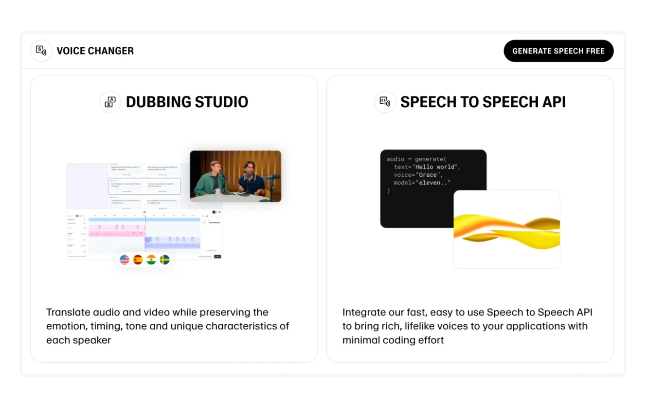 A platform offering a dubbing studio and a speech-to-speech API for realistic voice generation