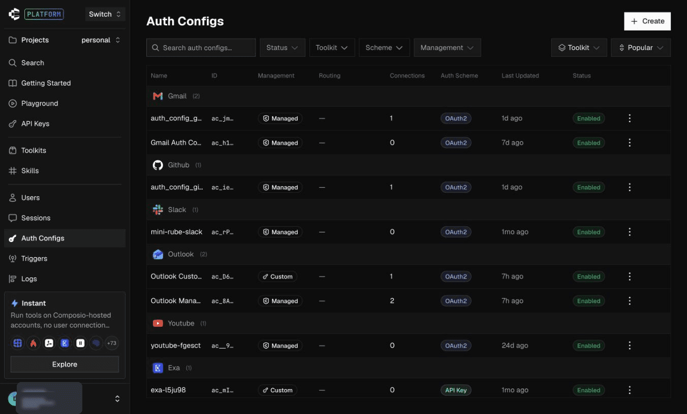 Composio Auth Configs with Create