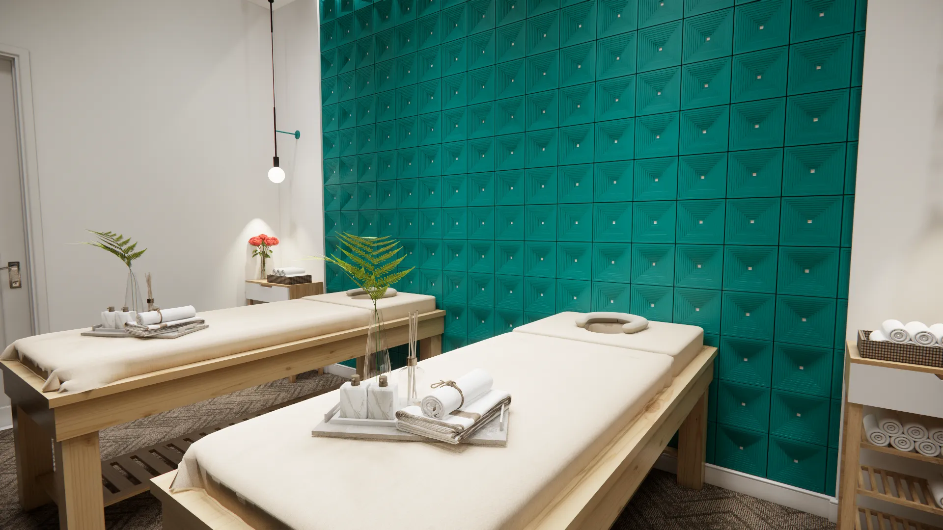 Huzurlu spa ve masaj odası dekorasyonu: Yeşil renkli DEEP 20x20 3D beton duvar paneli uygulaması