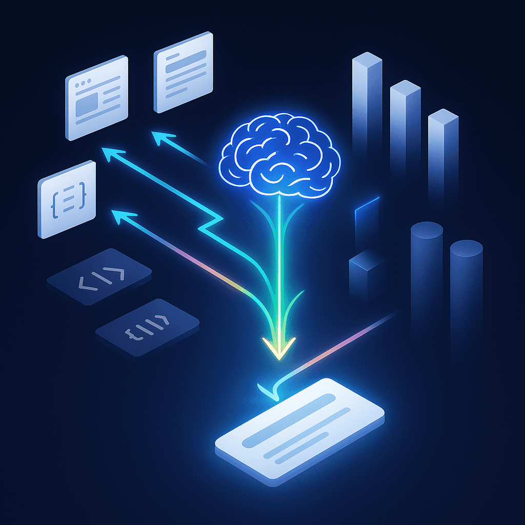 Abstract diagram showing SEO signals, schema data and authority merging into an AI brain that outputs answers